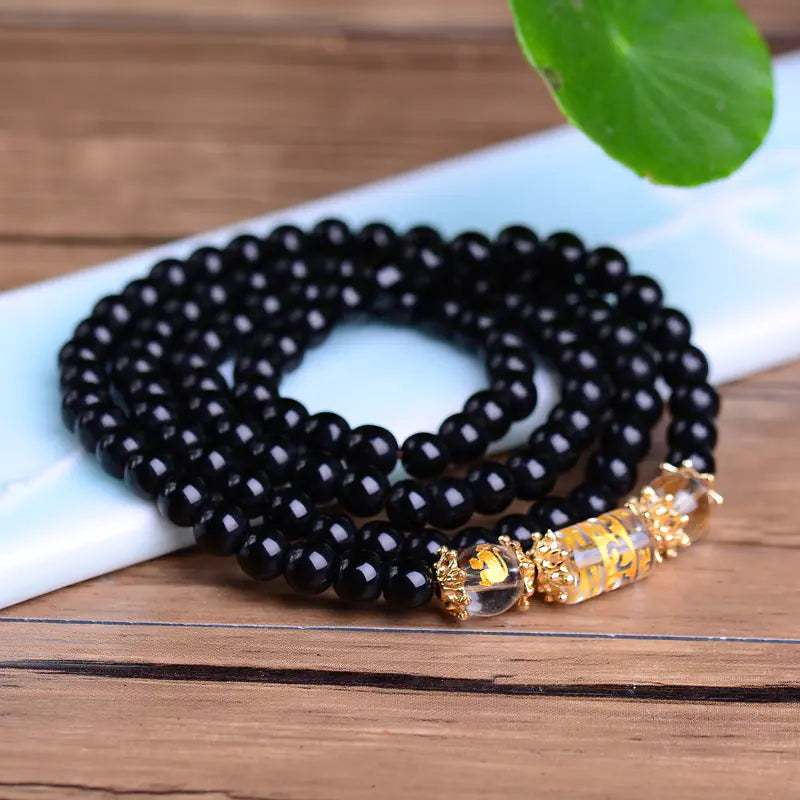 Obsidian and White Crystal Zodiac 4-Loop Bracelet