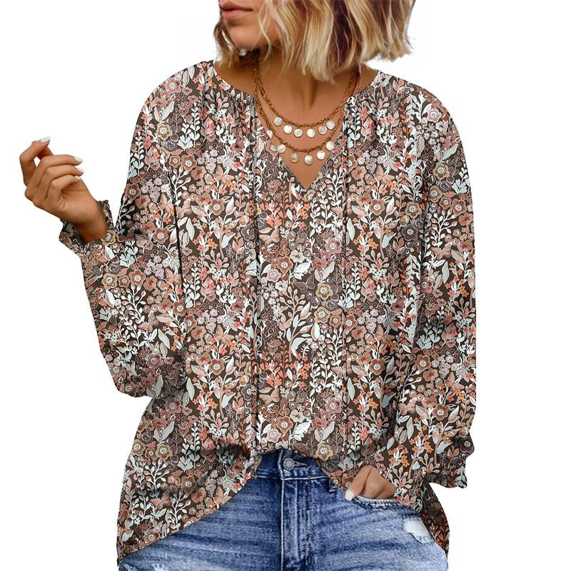 Eytino plus Size Tops for Women V Neck Long Sleeve Drawstring Floral Boho Print Blouse Shirts Vacation Outfits(1X-5X)