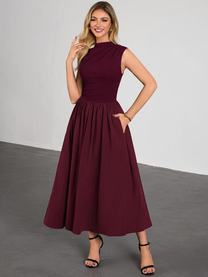 Miusol 85234B Women'S Summer Maxi Dresses for Women 2026 Spring Sleeveless Half Collar Casual Ruched Swing A-Line Dress with Pocket Sundress Flowy Beach Dress