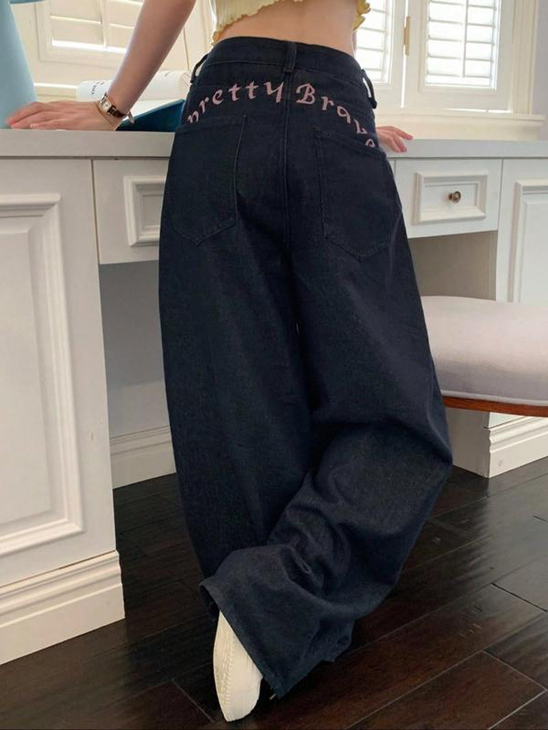 Women'S New Wide Leg Jeans Trendy Fashion Versatile Embroidery Denim Jeans Elastic Comfortable Long Jeans All Seasons
