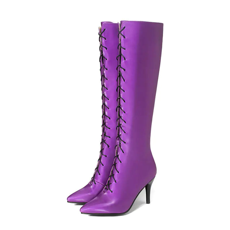 Purple High Heeled Thigh High Boots with Satin Finish
