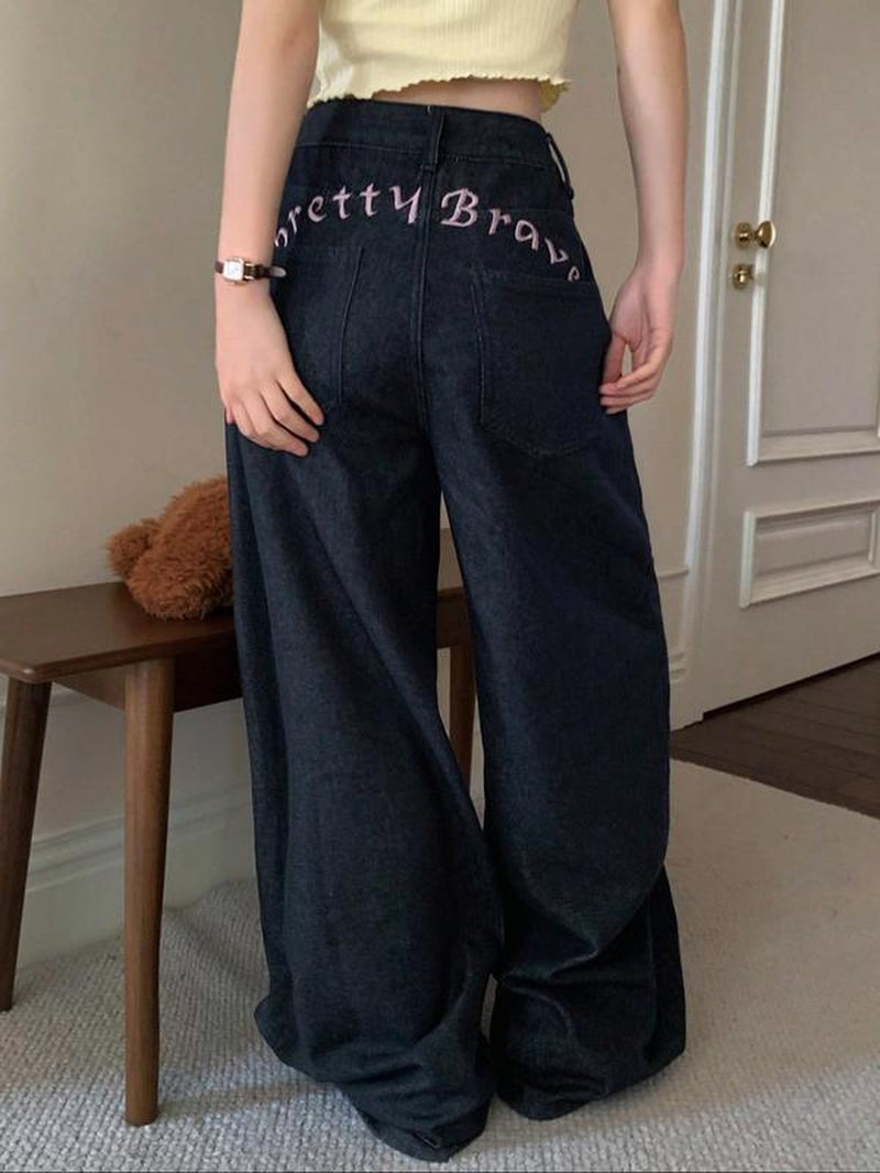 Women'S New Wide Leg Jeans Trendy Fashion Versatile Embroidery Denim Jeans Elastic Comfortable Long Jeans All Seasons