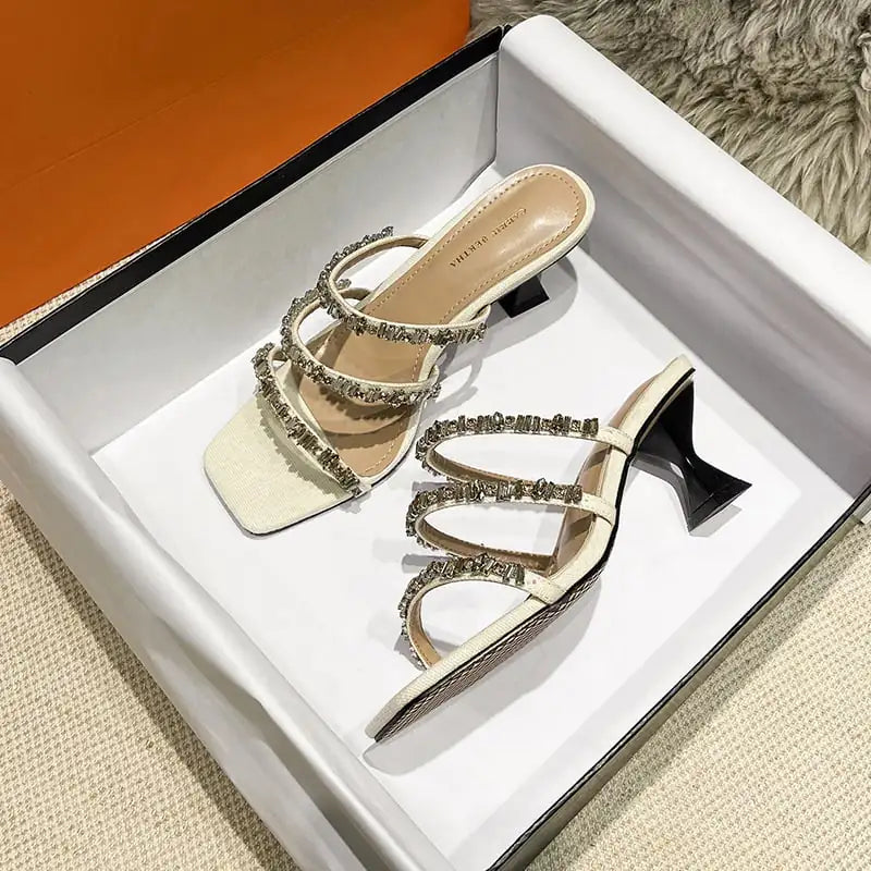 Gemstone and Rhinestone Thick Heel Sandals and Slippers