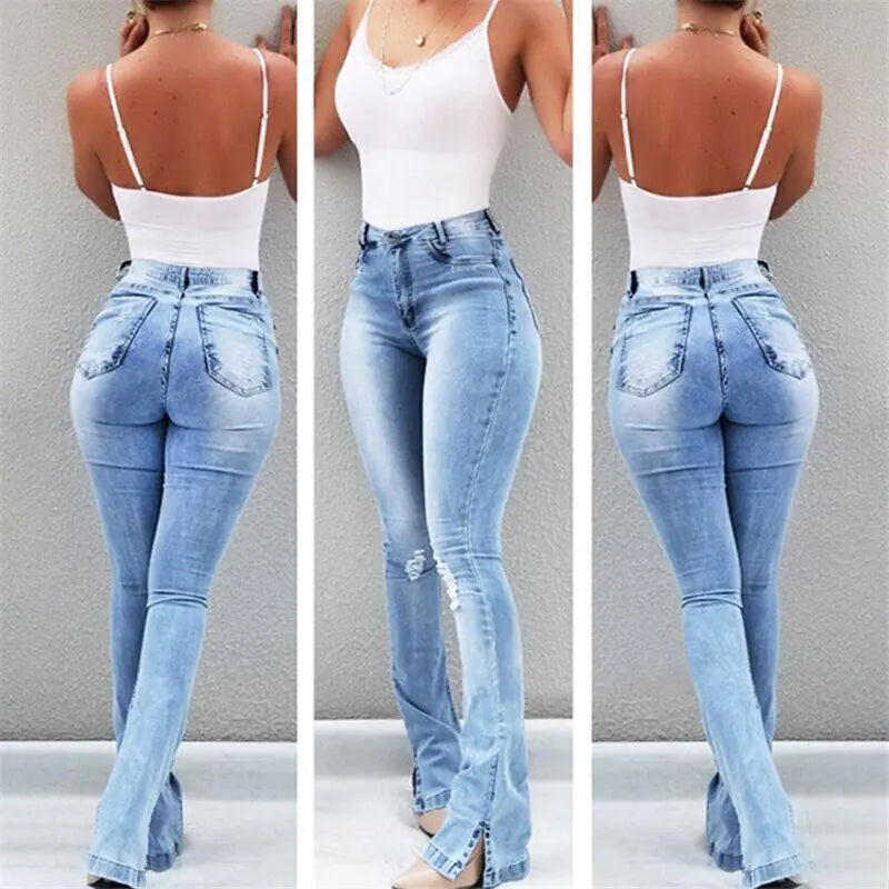Women's Slim Fit Ripped Flare Jeans, Long Pants