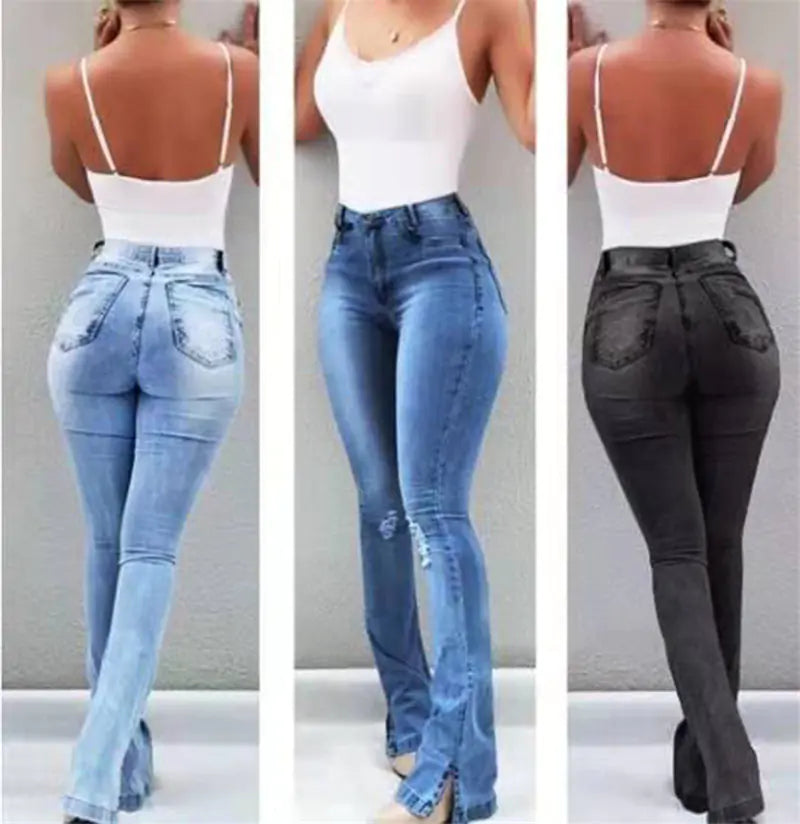 Women's Slim Fit Ripped Flare Jeans, Long Pants
