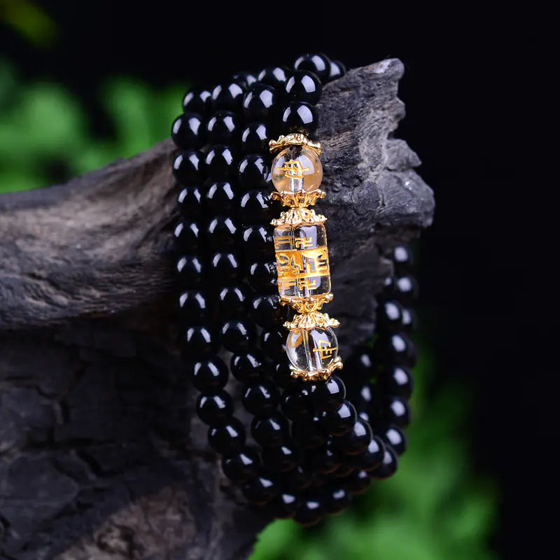 Obsidian and White Crystal Zodiac 4-Loop Bracelet