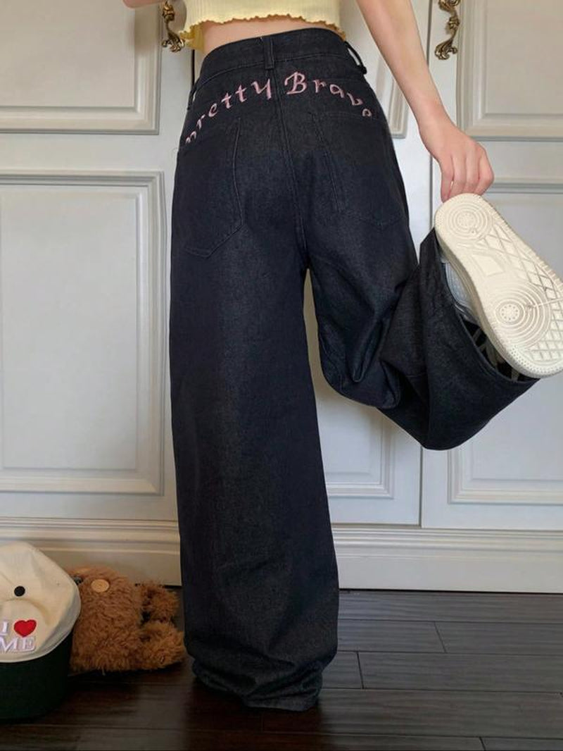 Women'S New Wide Leg Jeans Trendy Fashion Versatile Embroidery Denim Jeans Elastic Comfortable Long Jeans All Seasons