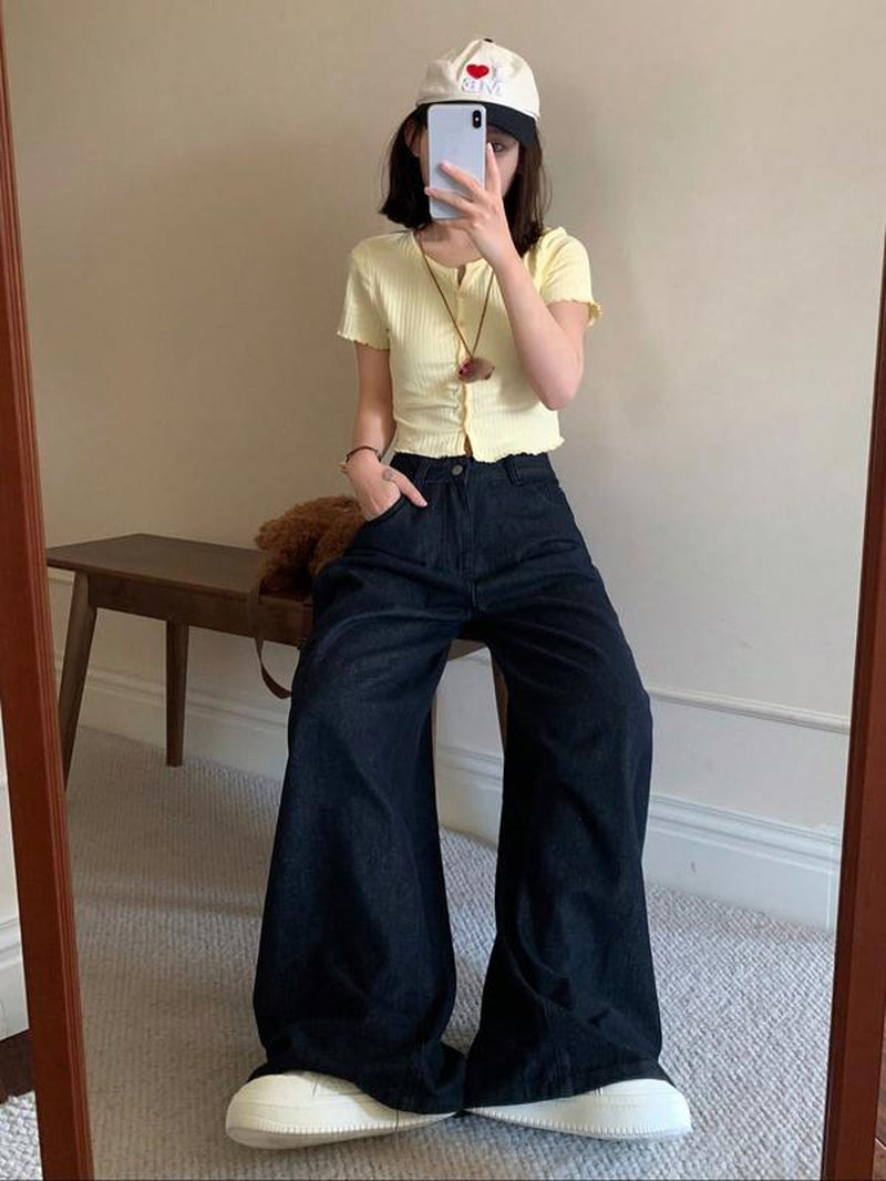 Women'S New Wide Leg Jeans Trendy Fashion Versatile Embroidery Denim Jeans Elastic Comfortable Long Jeans All Seasons