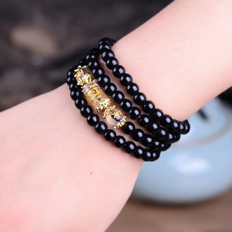 Obsidian and White Crystal Zodiac 4-Loop Bracelet