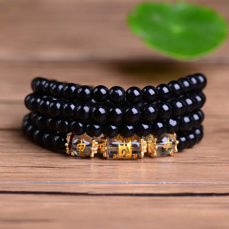 Obsidian and White Crystal Zodiac 4-Loop Bracelet