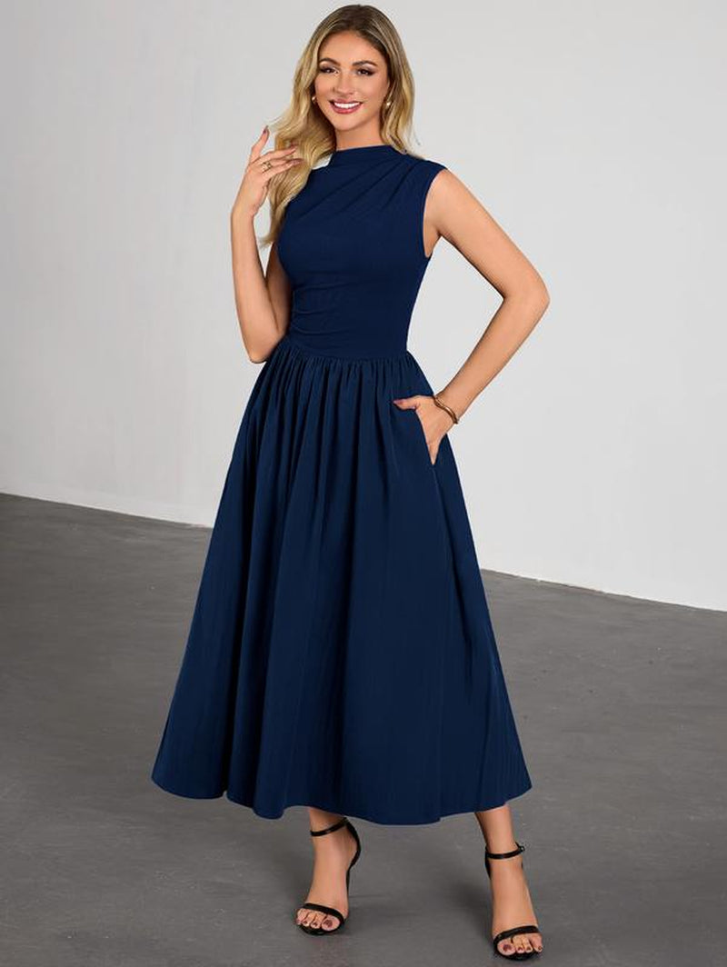 Miusol 85234B Women'S Summer Maxi Dresses for Women 2026 Spring Sleeveless Half Collar Casual Ruched Swing A-Line Dress with Pocket Sundress Flowy Beach Dress