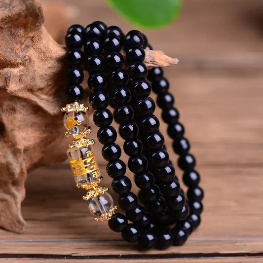 Obsidian and White Crystal Zodiac 4-Loop Bracelet