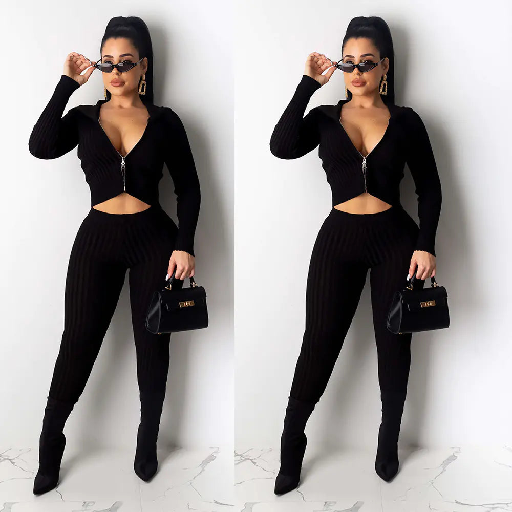 Hooded Ribbed Zip Two-Piece Club Outfit