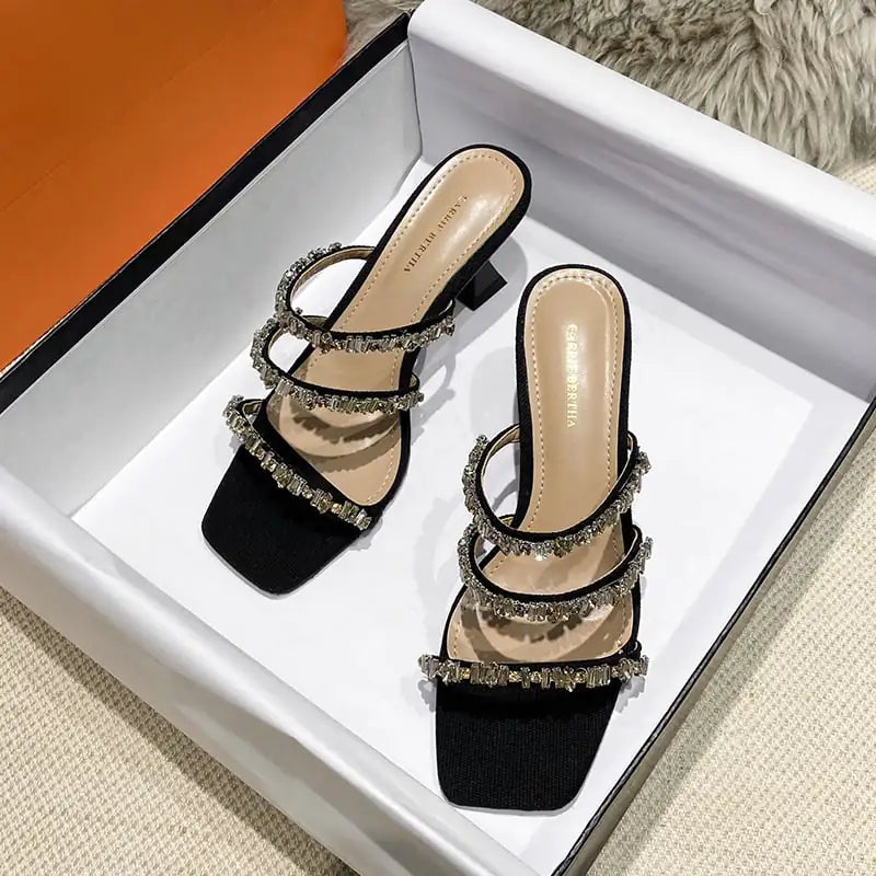 Gemstone and Rhinestone Thick Heel Sandals and Slippers